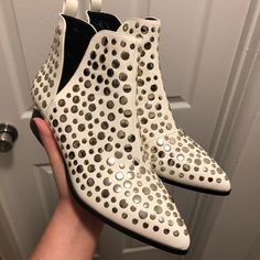 Never Worn, Super Cute White Closed Toe Booties For Party, Spring Pointed Toe Studded Boots, White Flat Heels For Fall, White Party Booties For Spring, White Booties With Reinforced Heel For Spring, White Round Toe Booties For Party, Spring White Booties With Reinforced Heel, White Round Toe Party Booties, Round Toe Heels With Silver Studs For Fall