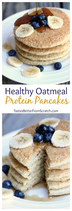 healthy oatmeal protein pancakes with blueberries and bananas stacked on each other