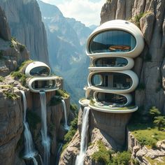 Futuristic mountain villa with curved architecture, cascading waterfalls, infinity pools, and panoramic cliff views. Midjourneyart Architecture, Insane Architecture, Zen Architecture, Futuristic Mansion, Futuristic Houses, Weird Architecture, Cyberpunk House, Punk Aesthetics, Futuristic House