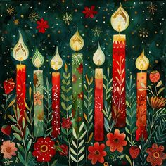 a painting of candles surrounded by flowers and stars on a dark green background with gold dots