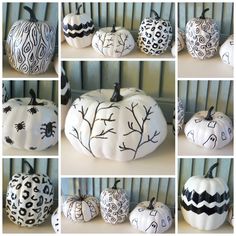 several pictures of painted pumpkins with black and white designs