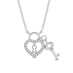 For that very special person who has the key to your heart. This white gold necklace features a petite lock-and-key design, with the lock shaped as a heart cut-out lined with round diamonds. A smooth, polished white gold key is attached to a shimmering heart lock. Elegant Sterling Silver Key Jewelry, Elegant Heart-shaped Necklace With Two Keys, Elegant Heart-shaped Key Jewelry, Elegant Sterling Silver Key Necklace, Elegant Lock Necklace For Anniversary, Heart Shaped Two Keys Necklace For Anniversary, Heart Cut Out, Gold Key, White Gold Necklace