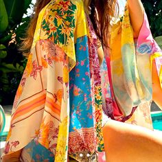 Free People | “Patched With Love” Kimono Bright, Vibrant Colors Size Xs/S Brand New With Tags Can Wear As A Robe/Swim Cover Up/Or Layered With A Tank Retails Online For $168 Silky Robe, Bold Floral Print, Lace Bustier, Satin Pyjama Set, Free People Intimates, White Bodysuit, Teal And Pink, Oversized Style, Open Design