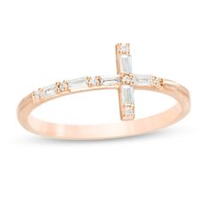 Subtle and shimmering, this diamond cross ring is a contemporary way to celebrate your faith. Crafted in precious 10K rose gold, this tailored look showcases a sculpted cross set sideways along the band. Alternating round and baguette-cut diamonds line the design for a sparkling display. Captivating with 1/6 ct. t.w. of diamonds and a brilliant buffed luster, this ring pairs well with most any attire. Golden Jubilee, Baguette Diamond Rings, Ring Ideas, Baguette Cut Diamond, Cross Ring, Diamond Cross, Baguette Diamond, Unique Engagement Rings, Diamond Stone