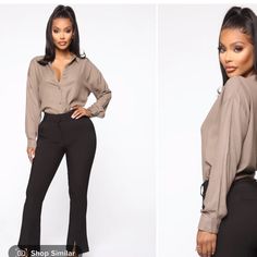 Fashion Nova Button Down Shirt Taupe Size Small Brand New With Tags Chic Button-up Shirt For Office, Fall Button-up Shirt For Office Wear, Fall Season Button-up Shirt For Office Wear, Chic Button-up Business Casual Shirt, Chic Button-up Shirt For Business Casual, Chic Business Casual Button-up Shirt, Trendy Blouse For Business Casual, Fall Business Casual Button-up Blouse, Chic Office Wear Shirt With Button Closure