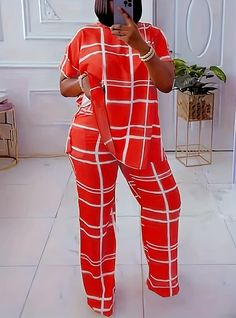 Plus Size Two Piece Outfit, Summer Prints Fashion, Female Office, Office Pants, Plus Size Two Piece, V Neck Shirt, Plaid Outfits, Shirt Pant Set, African Women