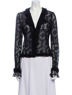 CHANEL Wool Crochet Lace Cardigan long sleeves open front Size: M | US8, FR40  | eBay Elegant Fitted V-neck Cardigan, Designer Long Sleeve Spring Cardigan, Designer Fitted Cardigan For Spring, Elegant Long Sleeve Formal Cardigan, Designer Fitted V-neck Cardigan, Fitted Long Sleeve Cardigan For Spring, Fitted V-neck Cardigan For Parties, Chic Long Sleeve Cardigan For Evenings, Chic Long Sleeve Cardigan For Evening