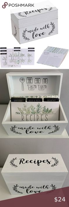 New - White Wooden Recipe Box with Cards and Dividers Recipe Holder Box Set Recipe Boxes Wooden, Recipe Box For Bridal Shower The Bride, Painted Recipe Box Diy, Diy Recipe Box Wood, Wood Recipe Box Ideas, Recipe Boxes Diy Ideas, Bridal Shower Recipe Box, Recipe Box Makeover, Recipe Box Diy