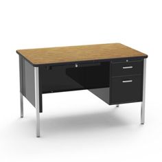 an office desk with two drawers on one side and a steel frame legrests