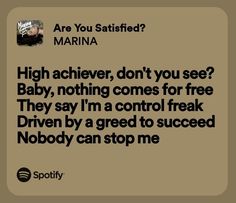 Are U Satisfied Marina, Are You Satisfied Marina Lyrics, Song Lyrics With Meaning, Marina Song Lyrics, Marina Lyrics Aesthetic, Are You Satisfied Marina Aesthetic, Marina Spotify Lyrics, Motivation Song Lyrics, Are You Satisfied Marina