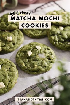 matcha mochi cookies on a cooling rack with text overlay