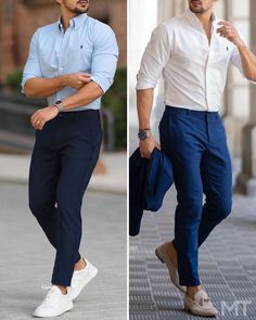 Dress Ideas For Men, Business Formals, Mens Pants Fashion Casual, Young Outfit, Blue Pants Men, Mens Casual Suits, Mens Business Casual