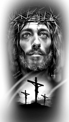 the face of jesus with three crosses in front of him and an image of jesus