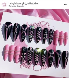 Cute Goth Nails, Pink Goth Nails Acrylic, Monster High Nails Draculaura, Monster High Nails Clawdeen, Pink Goth Nails, Monster High Nails Acrylic, Goth Nails Grunge Black And Pink, Gothic Nails, Punk Nails