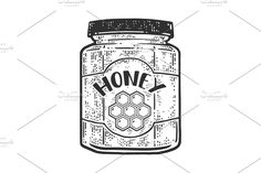 a jar of honey with the word home written on it, in black and white