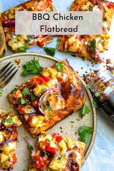 the bbq chicken flatbread is on a plate with a fork next to it