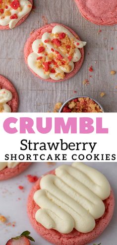 strawberry shortcake cookies with cream cheese frosting on top and crumbl in the middle