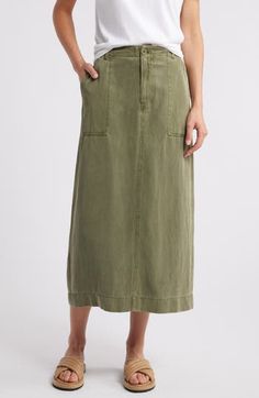 Rock utilitarian vibes in this any-day maxi skirt crafted from a lightweight linen-kissed blend. Zip fly with button closure 65% Tencel® lyocell, 22% cotton, 13% linen Tencel lyocell is a more-sustainably produced fiber made with closed-loop processing Machine wash, tumble dry Imported Wabi Sabi Style Clothes, Chic Dressing, Green Maxi Skirt, Utility Skirt, Dressing Style, Skirt Trends, Closet Inspiration, Winter Skirt, Summer Clothing