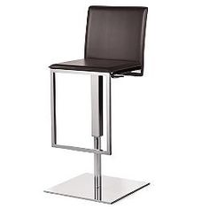 a modern bar stool with a black leather seat and chrome steel frame, viewed from the front