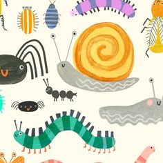 an image of bugs and caterpillars on a white background for children's wallpaper