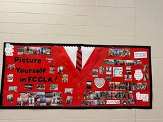 a red bulletin board with pictures and words on it that says picture yourself in focla