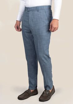 Unleash your confidence and elevate your style with our custom-made Mid Blue Hopsack Pants! Cut from a luxurious bamboo/wool/linen/silk blend from Cavani, these pants are a must-have for any fashion-forward individual. Don't settle for ordinary, make a statement with pants that are sure to turn heads. Fitted Linen Bottoms For Semi-formal Occasions, Formal Blue Linen Bottoms, Tailored Linen Ankle-length Pants, Fitted Linen Pants For Business Casual, Fitted Linen Ankle-length Dress Pants, Elegant Blue Linen Pants, Fitted Linen Business Bottoms, Tailored Linen Long Pants, Fitted Linen Bottoms For Business