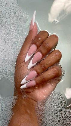 Nail French Design Ideas, French Almond Acrylic Nails, French Tips Stiletto Nails, White On White French Tip Nails, Almond Nails French Tip Design, Long Almond French Tip Nails, French Almond Nails Design, Stiletto French Nails, Sharp Almond Nails