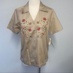 Women’s Short Sleeve Donnkenny Classics Button Down Shirt Size Small Khaki Nwt 100% Cotton We Are Fundraising To Adopt. Your Purchase Helps Our Cause! Heart Casual Beige Tops With Snap Buttons, Collared Beige Tops With Snap Buttons, Beige Collared Tops With Snap Buttons, Fitted Camp Collar Tops For Spring, Fitted Spring Tops With Camp Collar, Fitted Spring Top With Camp Collar, Spring Camp Shirt With Button Closure For Work, Spring Button-up Camp Shirt, Spring Button-up Camp Shirt With Button Closure