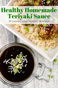 healthy homemade teriyaki sauce in a glass jar next to a plate of food