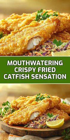 Get ready to indulge in my mouthwatering crispy fried catfish sensation! This dish is perfectly seasoned with a golden, crunchy crust and juicy, Flaky fish. Served on a bed of fresh coleslaw and a squeeze of lemon, it's a meal that will tantalize your taste buds. Perfect for family gatherings or a cozy night in! Oven Fried Catfish Fillets, Airfryer Catfish Recipe, Air Fry Catfish, Healthy Catfish Recipes, Fried Fish Dinner Ideas Sides, Deep Fried Catfish, Crispy Fried Catfish, Pan Fried Catfish, Fresh Coleslaw