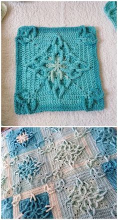 crocheted granny blanket with flowers and leaves on the edges, two photos side by side