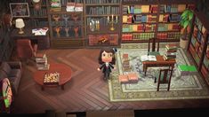 an animal crossing game is shown in the middle of a room with bookshelves