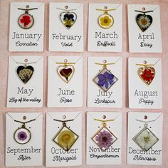 twelve months of the year pendants displayed on cards