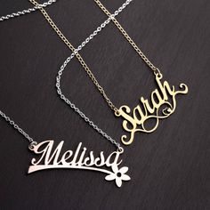 "These are the most personalized name necklaces you can find. With a gorgeous font spelling out the name of your choice, it is such a unique piece already; but we've taken it to the next level of personalization by adding your choice of 4 different design themes for you to choose from. Decide between the magical fairy, the fashionable infinity symbol, the adorably romantic heart or the nature lover's flower. Once you have chosen your name and preferred theme, you have designed a one-of-a-kind necklace to treasure forever. Each necklace is made from solid precious metal (never plated!). Choose from .925 sterling silver, or 10K or 14K gold, offered in white, yellow, or rose. The included rope chain is made of the same metal as your pendant, with your choice of either 16\" or 18\" in length; Custom Name Signature Jewelry For Personalized Gift, Customized Jewelry Letter Shape For Personalized Gift, Personalized Letter-shaped Name Jewelry Gift, Customized Letter Jewelry For Personalized Gift, Personalized Gold Jewelry With Custom Text, Customized Name Necklace For Personalized Gift, Customizable Nameplate Charm Necklaces For Personalized Gift, Custom Text Sterling Silver Jewelry For Mother's Day, Gold Necklace With Custom Text For Valentine's Day