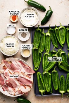 ingredients to make stuffed peppers laid out on a table with the names labeled in each