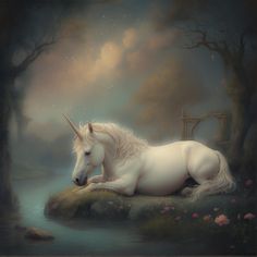 a white unicorn laying on top of a rock next to a body of water with trees in the background