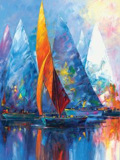 an oil painting of sailboats in the ocean