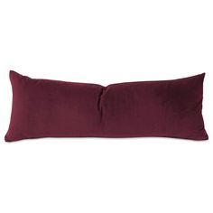 the burgundy pillow is made from velvet and has a long, rectangular design on it