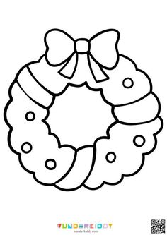 a black and white drawing of a wreath with a bow on the front, in color