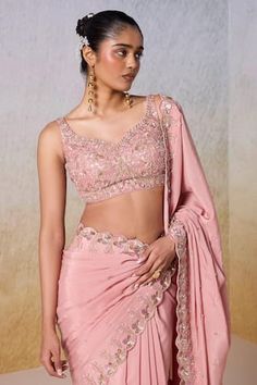 Dusty rose saree featuring sequin-bead embroidered 3D floral vine motif scalloped border and sequin buttis. Paired with sequin checkered embellished padded blouse. - Aza Fashions Embellished Unstitched Pre-draped Saree, Pink Embellished Saree, Pink Embroidered Fitted Pre-draped Saree, Semi-stitched Embellished Pink Pre-draped Saree, Semi-stitched Pink Embroidered Saree, Sequin Beading, Floral Vine, Dusty Rose, Aza Fashion