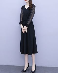 * A high-end midi dress with wide hem, very cool. * Made of quality cotton blends fabric, very smooth and comfortable. * With transparent long sleeves, very beautiful. * Material: 50% cotton, 50% polyester * Size: True to US size, US 0-US 16 are available, you can let us know your usual size and height in your order. * Shipping: Free shipping Processing time : 5-7 Business days Delivery time : 7-20 Business days Tracking number available If you need rush order or expedited shipping, please let u Black V-neck Long Sleeve Dress For Spring, Elegant V-neck Midi Dress For Fall, Casual Black V-neck Dress For Fall, V-neck Long Sleeve Dress For Evening In Fall, V-neck Long Sleeve Dress For Fall, Black Long Sleeve Midi Dress For Fall, Black Long Sleeve Knee-length Dress For Spring, A-line V-neck Dress For Fall Workwear, Black Long Sleeve V-neck Dress For Spring