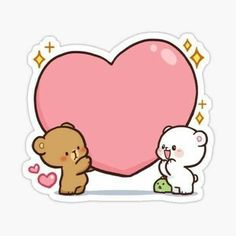 two teddy bears holding a big heart sticker