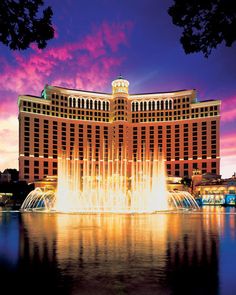 the fountains in front of the hotel are lit up