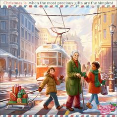 an old woman and two children are walking down the street in front of a cable car