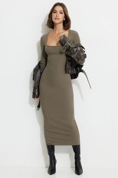 This rib knit dress is designed with a curve-hugging bodycon fit. Features - Square neck - Long sleeves Size & Fit - Bodycon - Model is wearing size XS Materials & Care - 92% Rayon, 8% Spandex - Machine wash, cold - Imported Ribbed Bodycon Dress Outfit, Knitted Dress Outfit, Brown Bodycon Dress, Rib Knit Dress, Body Con Dress Outfit, Bodycon Maxi Dress, Ribbed Bodycon Dress, Long Bodycon Dress, Knitted Bodycon Dress