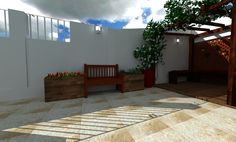 a patio with wooden benches and potted plants on the floor, under a cloudy blue sky