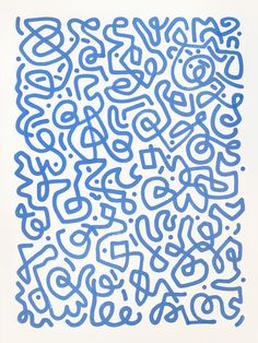 an abstract drawing with blue ink on white paper, in the shape of letters and numbers