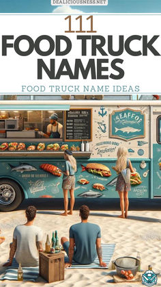 food truck names are written on the front of this book, which is filled with people sitting