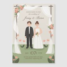 a wedding card with the bride and groom in front of a floral arch, on top of green grass