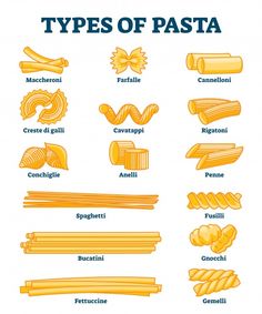 different types of pasta on a white background with the words'types of pasta '